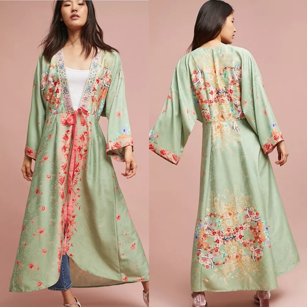 Aratta Mint Green Floral Kimono Robe with Coral Accents